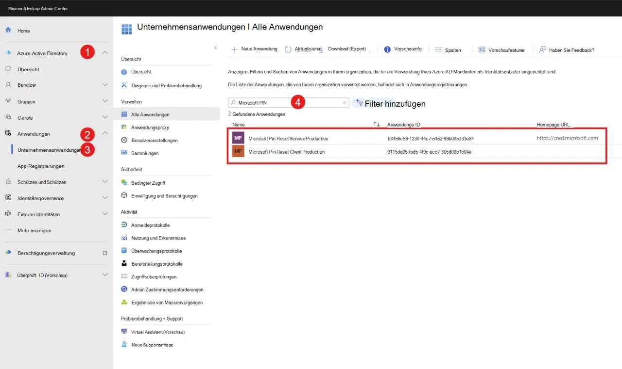 Microsoft Entra Admin Center zeigt, wie man den Windows PIN vergessen kann. Hier werden Anwendungen zur PIN-Verwaltung gelistet.
