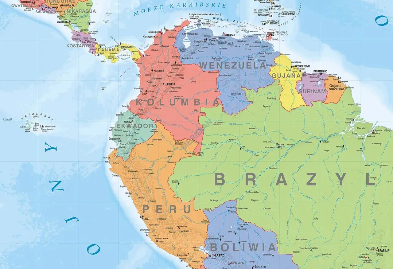 Mapa polityczna Ameryki Południowej, gdzie jest Kolumbia, otoczona przez Wenezuelę, Brazylię, Peru i Ekwador.