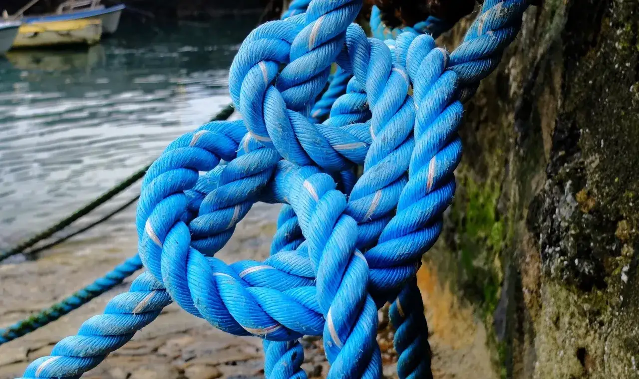 Gros plan sur un amarrage bleu vif, solidement noué à un mur de pierre moussu. L'eau calme et un bateau en arrière-plan suggèrent un port paisible.