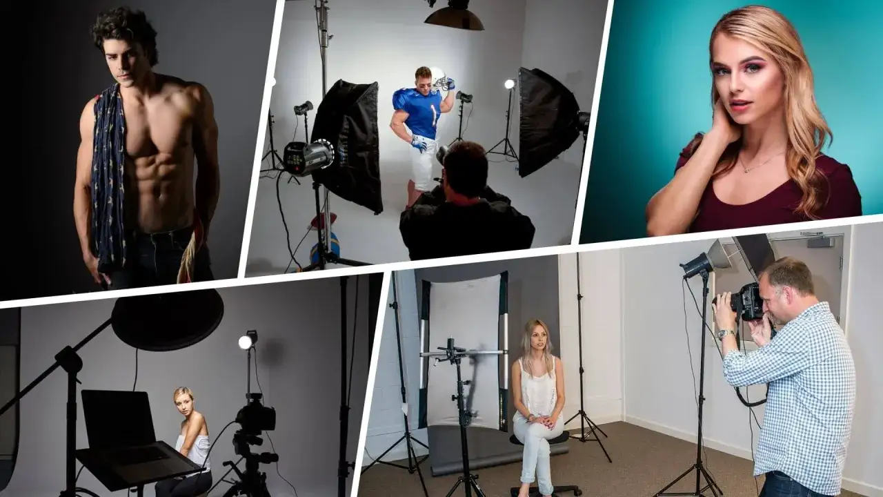 En face fotografia: sesja zdjęciowa z modelem w stroju futbolisty, kobietą na tle teal i mężczyzną w studiu.