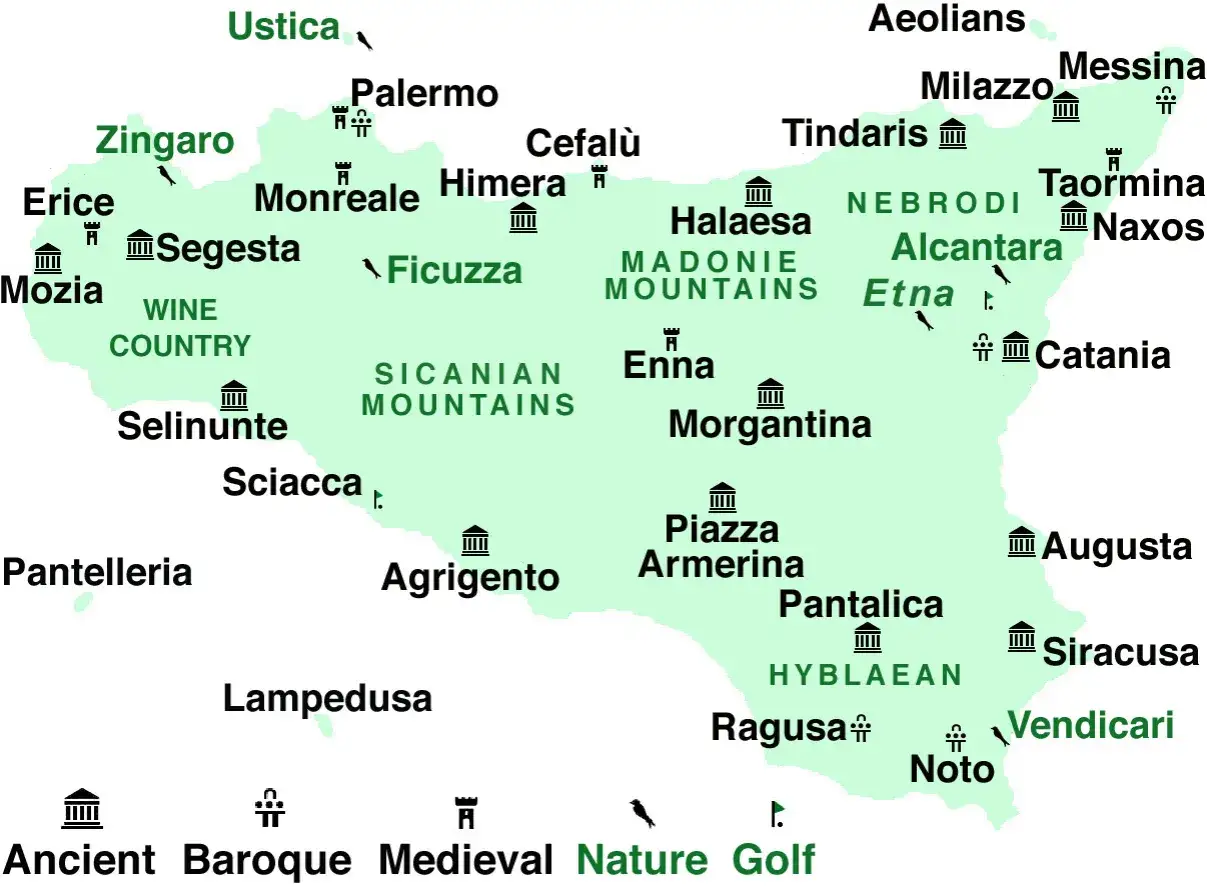 Map of Sicily, Italy, showing towns like Palermo, Catania, and Syracuse, plus airports and points of interest.