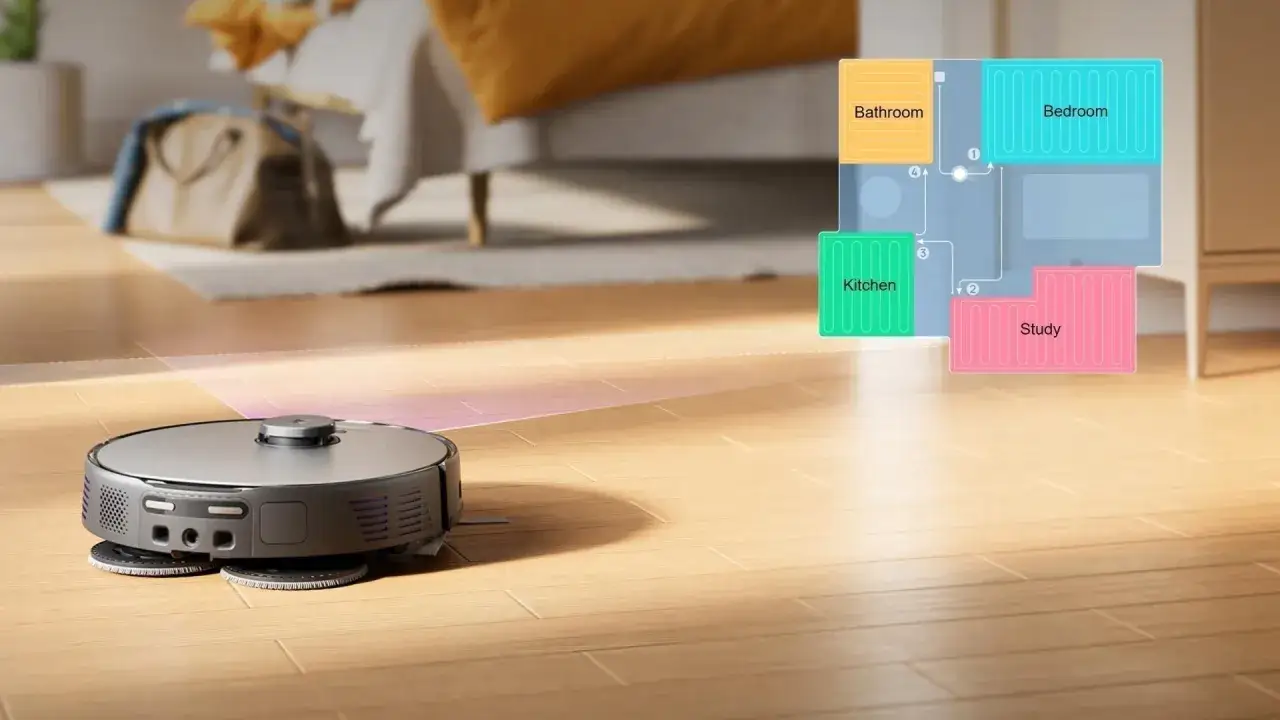 Un robot aspirador navega por un suelo de madera, mostrando un mapa de habitaciones (ba&ntilde;o, dormitorio, cocina, estudio) que ilustra c&oacute;mo funciona un robot aspirador.