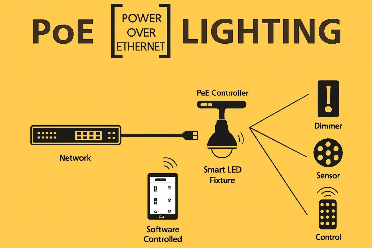 Schema f&ouml;r **power over ethernet**-belysning: n&auml;tverk, PoE-kontroller, smart LED-armatur, dimmer, sensor och mjukvarustyrning.