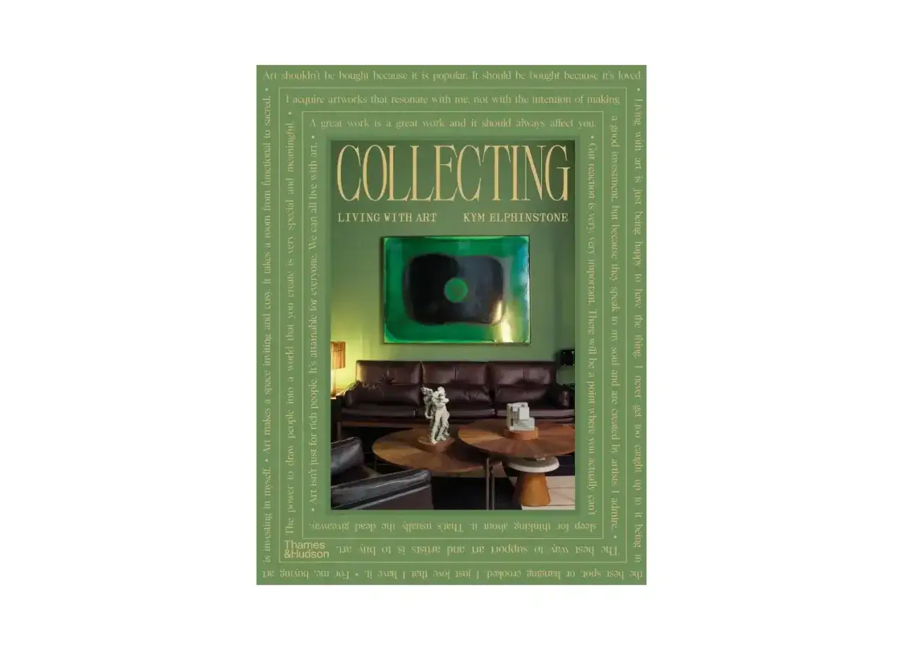 A stylish living room with a large green abstract painting, a leather sofa, and coffee tables, featuring the title 