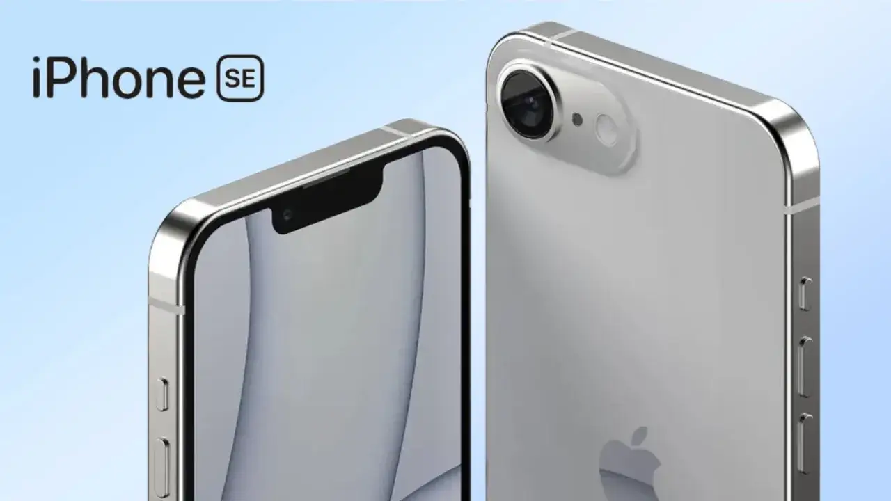 Tv&aring; silverf&auml;rgade iPhone SE4 visas upp, en framifr&aring;n med notch och en bakifr&aring;n med en kamera.