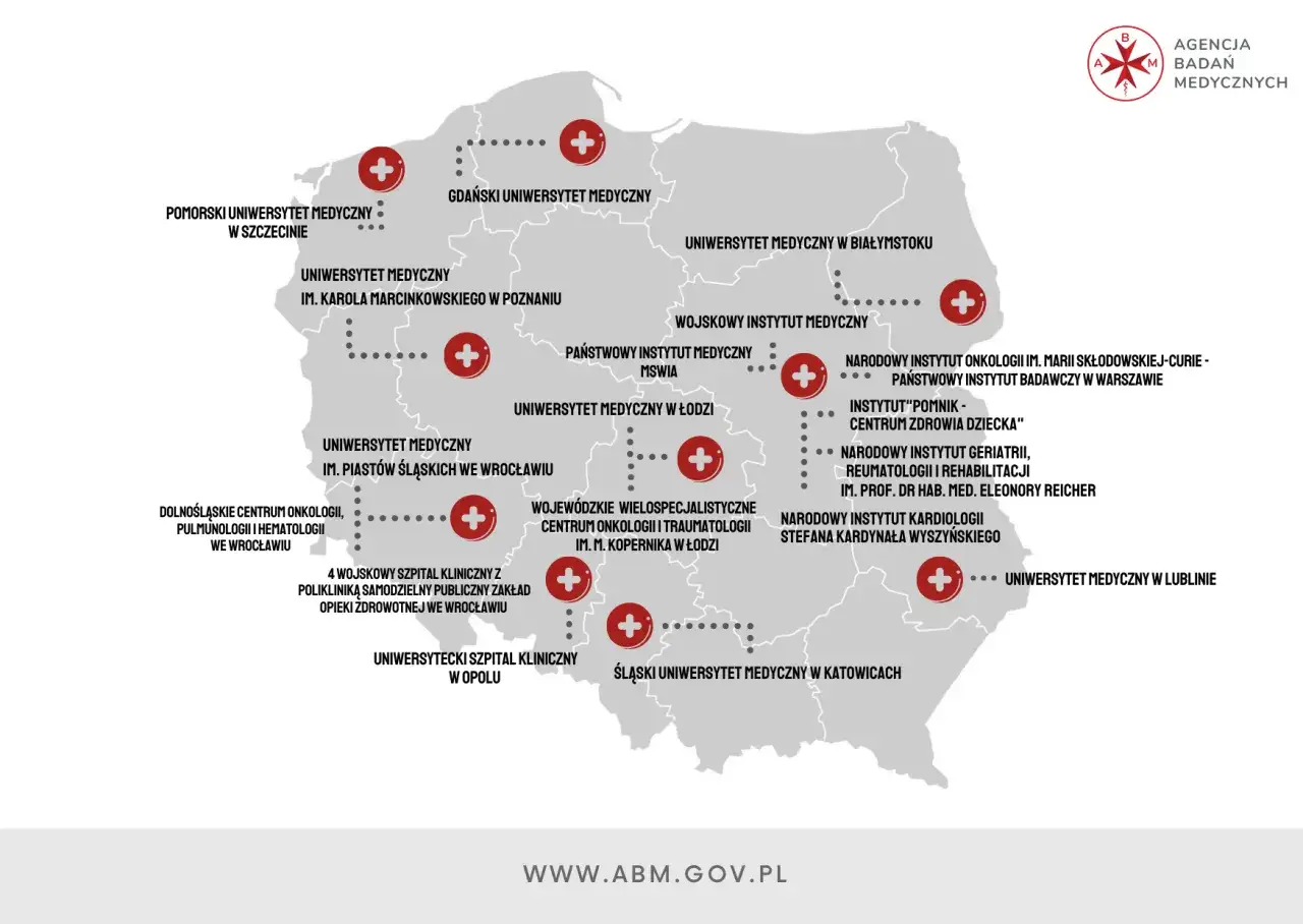 Mapa Polski z zaznaczonymi szpitalami i placówkami medycznymi