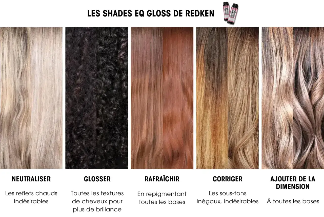 Cinq &eacute;chantillons de couleur de cheveux, du blond clair au brun fonc&eacute;, illustrant diff&eacute;rentes techniques de coloration. Chaque couleur de cheveux a un nom et une description.