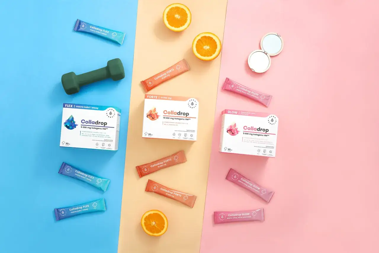 Colladrop w wersjach FLEX, FORTE i GLOW, obok pomarańczy i lusterka, sugeruje dbanie o ciało od wewnątrz i na zewnątrz.