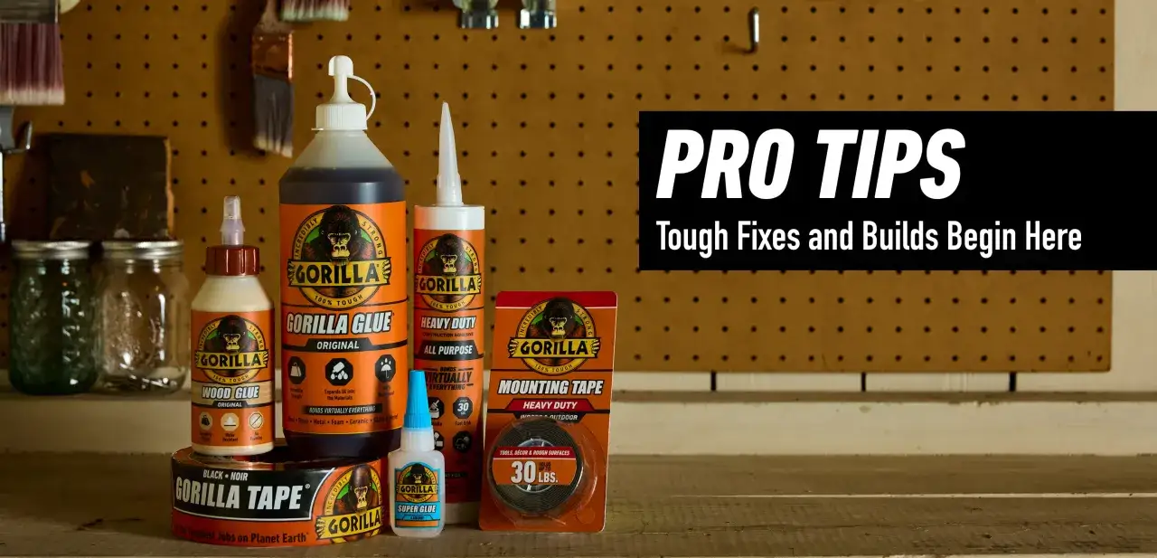 Gorilla Glue products, including wood glue, heavy-duty adhesive, and mounting tape, are shown, highlighting their common uses for tough fixes and builds.