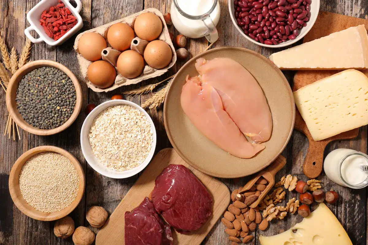 Assortiment d'aliments riches en source de prot&eacute;ine : poulet, b&oelig;uf, &oelig;ufs, lentilles, haricots rouges, fromage, noix, amandes, avoine et lait.