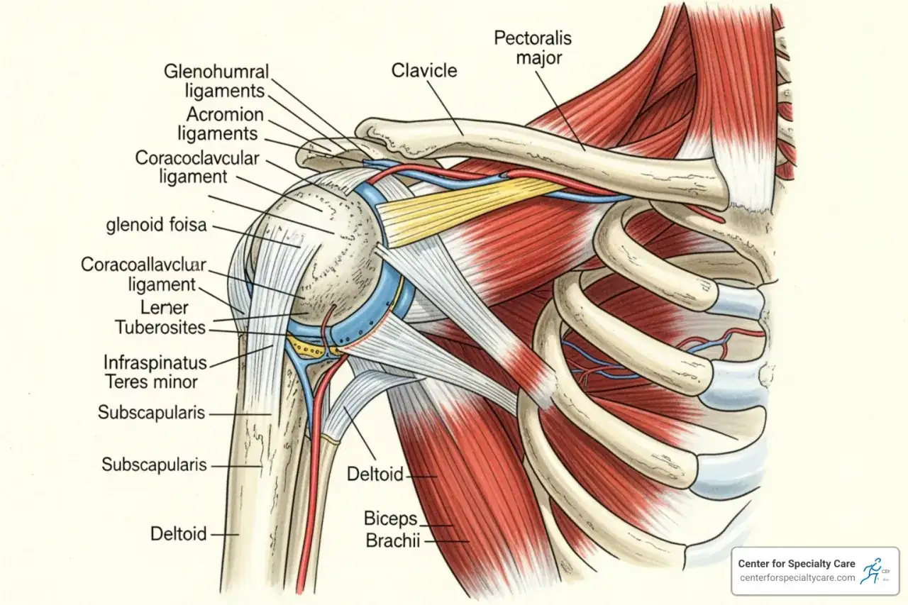 Anatomische Darstellung der Schulter mit Muskeln und Bändern. Mögliche Ursachen für eine **schulter verklemmt** werden durch die detaillierte Darstellung der Gelenkstrukturen verdeutlicht.