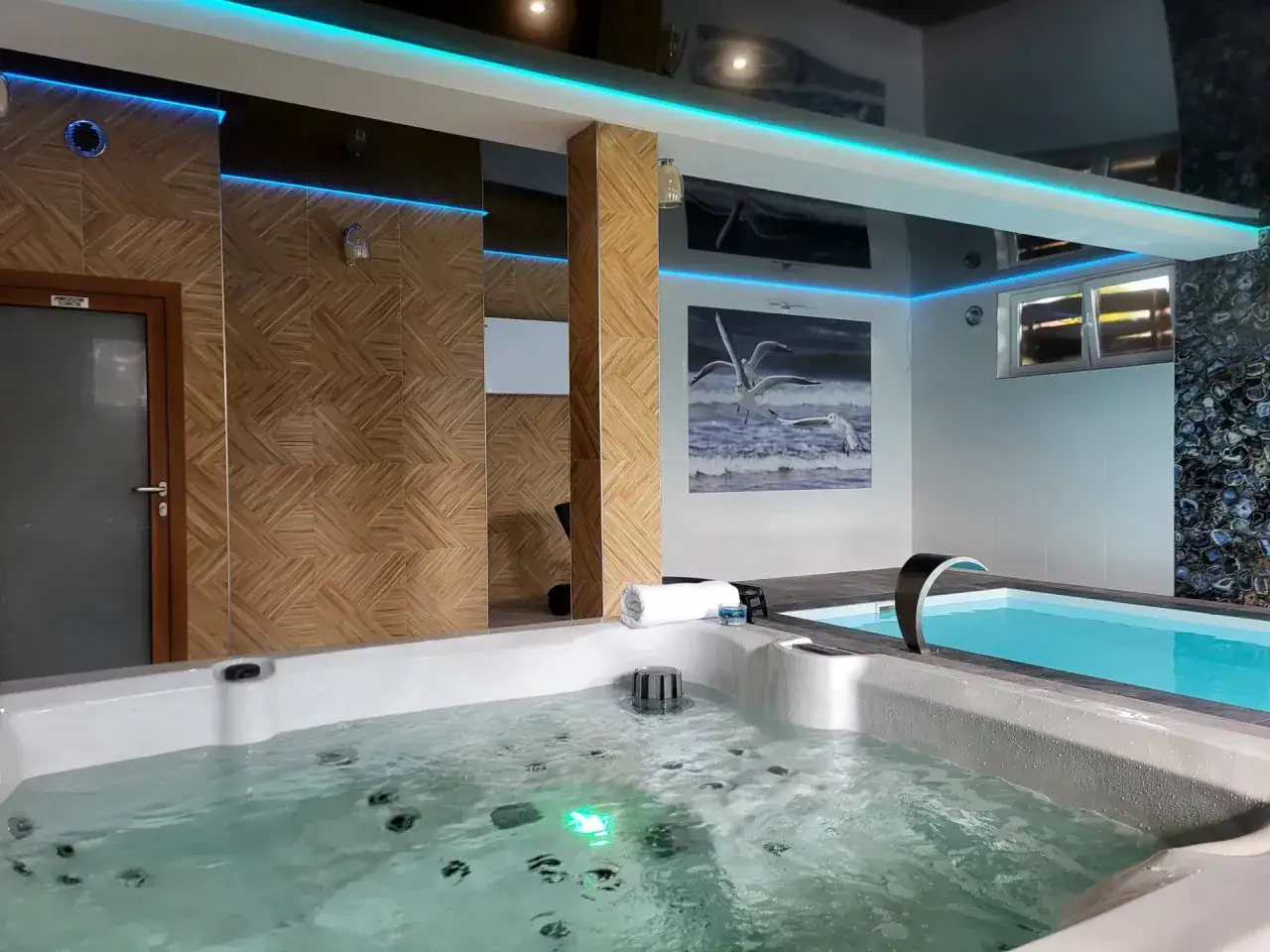 Relaks w domach wczasowych Jastrzębia Góra: jacuzzi i basen z wodospadem, ozdobione obrazami ptaków i niebieskim podświetleniem.