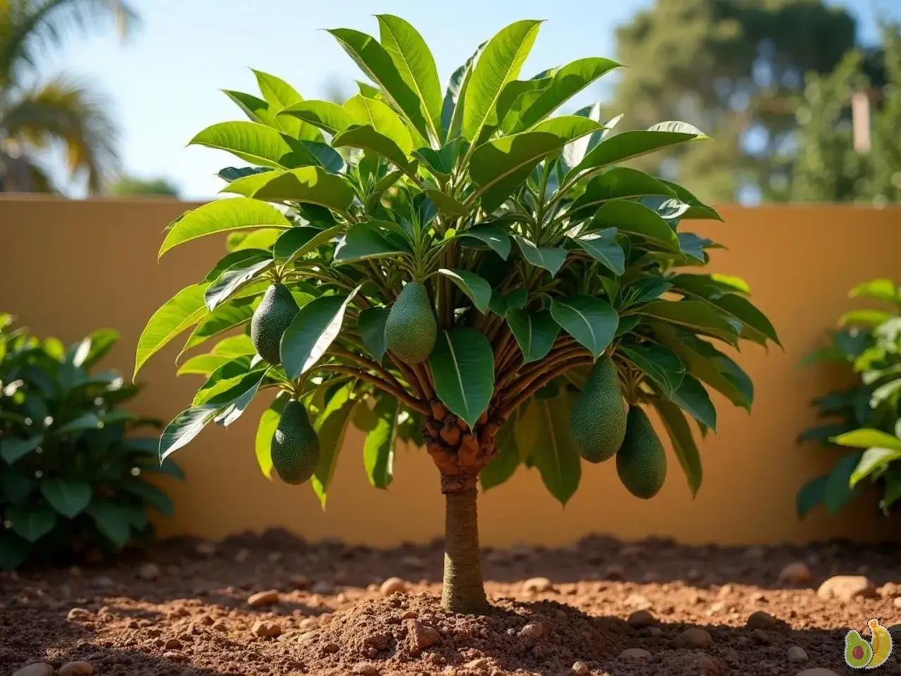 Un jeune avocatier porte d&eacute;j&agrave; ses fruits, pr&ecirc;t &agrave; &ecirc;tre plant&eacute; en terre. Ses feuilles vertes luxuriantes promettent une belle r&eacute;colte.