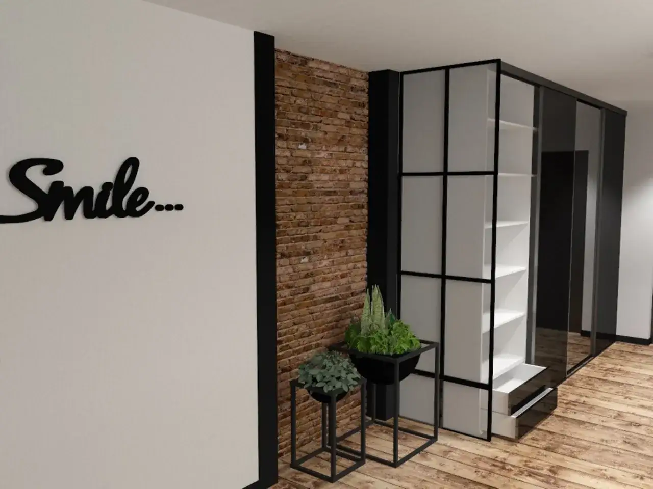 Przedpokój loft inspiracje: białe ściany z napisem 