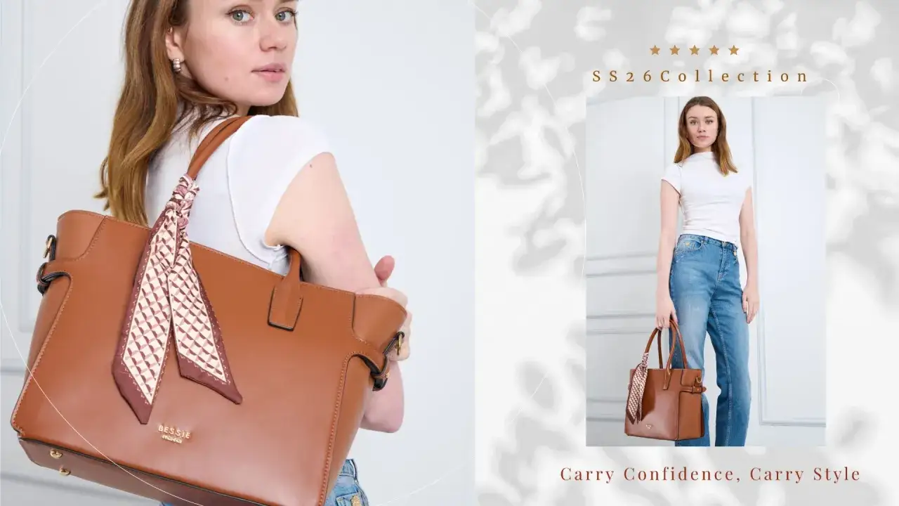 Bessie London to marka torebek, którą prezentuje młoda kobieta. Elegancka, brązowa torba z apaszką na rączce.