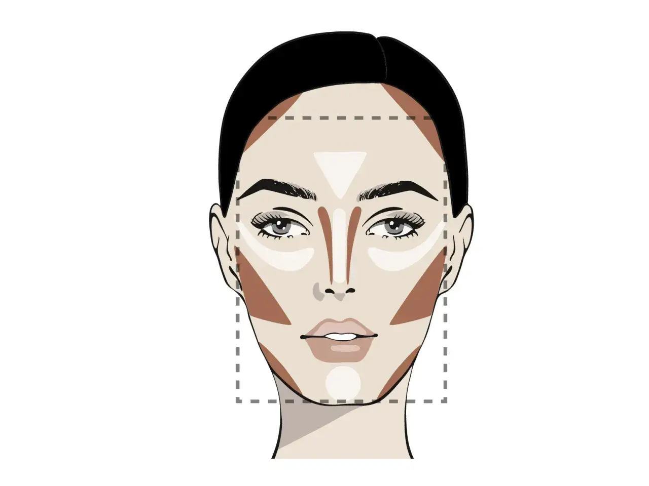 Ilustración de rostro femenino con áreas sombreadas y resaltadas, mostrando técnicas de visagismo para contornear y dar forma.