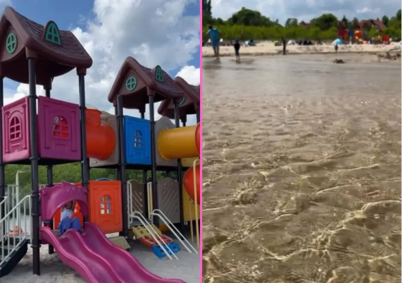 Kolorowy plac zabaw obok płytkiego jeziora dla dzieci, gdzie maluchy pluskają się w wodzie.