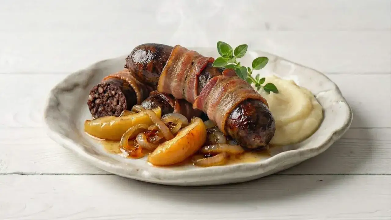 Kaszanka z piekarnika zawinięta w boczek, podana z jabłkami i puree. Pyszne danie, które rozpływa się w ustach.