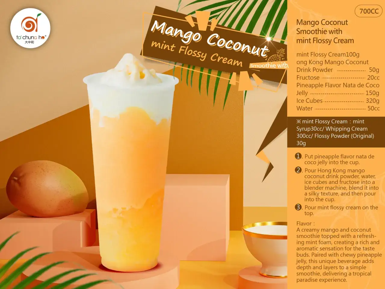 Orzeźwiający mango lassi z mlekiem kokosowym i miętową pianką, podany z galaretką ananasową.