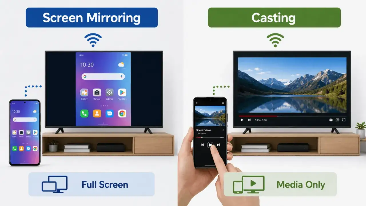 Porównanie klonowania ekranu (Screen Mirroring) i przesyłania (Casting). Screen Mirroring kopiuje cały ekran telefonu na telewizor, a Casting odtwarza tylko media.