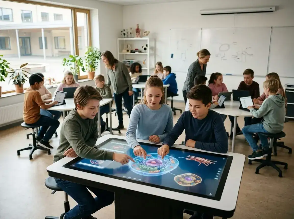 Schüler lernen mit digitalen Tafeln Biologie. Der **Datenschutz** in der **Schule** ist wichtig, wenn sie online arbeiten.