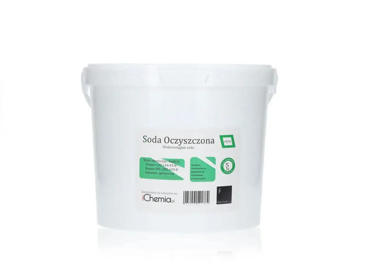 Białe wiadro z sodą oczyszczoną, idealną do wybielania drewna sodą oczyszczoną. Produkt spożywczy, 5 kg.