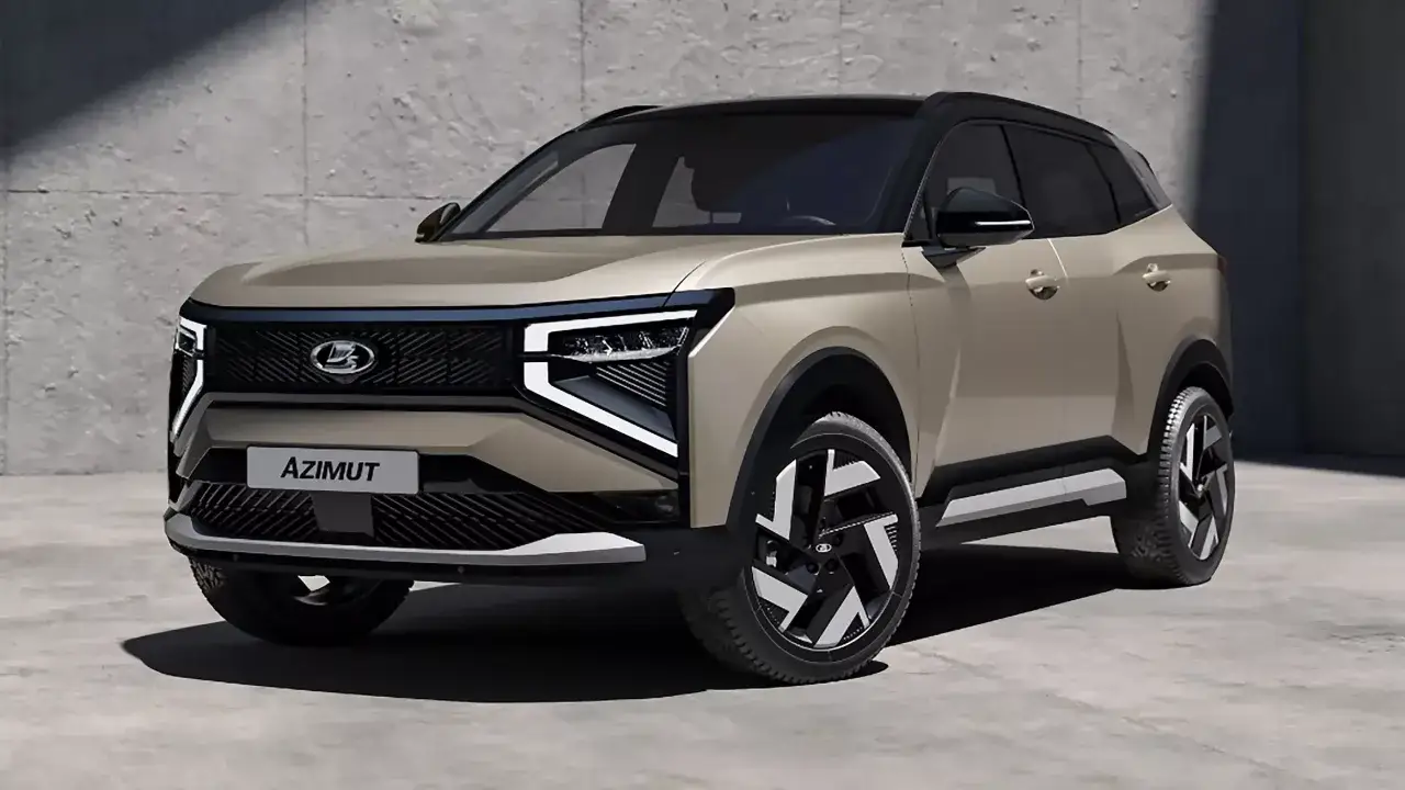 En modern, beige rysk bil, Lada Azimut, med futuristiska LED-str&aring;lkastare och en distinkt grill.