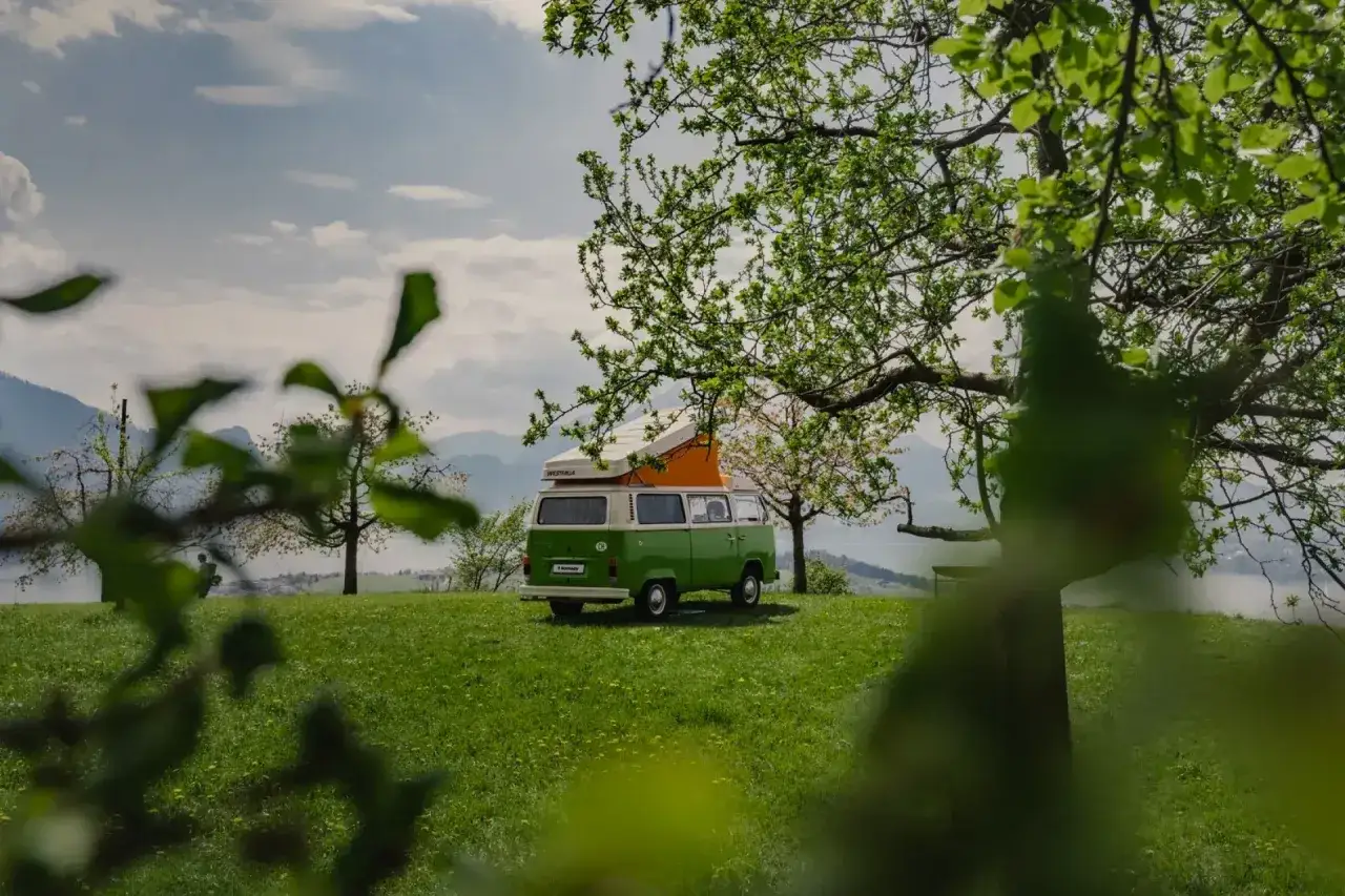 Un camping-car vert et orange Westfalia sur une colline verdoyante en Allemagne, avec des arbres et des montagnes en arri&egrave;re-plan.