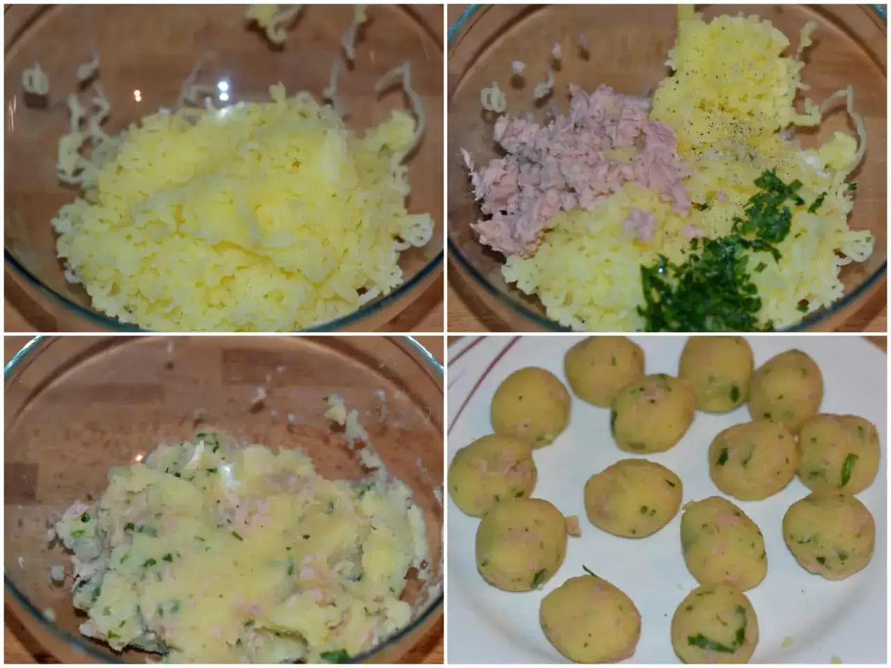 Preparazione di polpette tonno e patate: patate lesse e grattugiate, aggiunta di tonno e prezzemolo, impasto e formazione delle polpette.