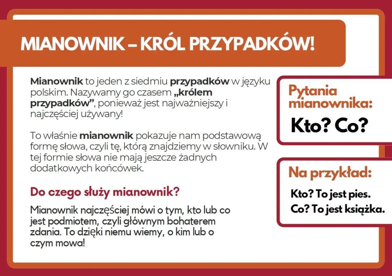 Mianownik, król przypadków, odpowiada na pytania: kto? co? Pokazuje podstawową formę słowa, np. 