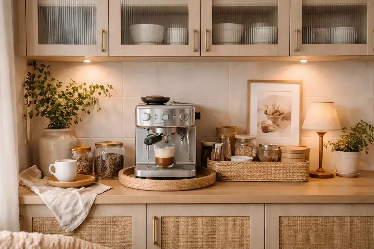 Espressomaskinen brygger en kopp kaffe, perfekt för att dricka gammalt kaffe. Köksbänk med kaffebönor i burkar, en vit kopp och en lampa.