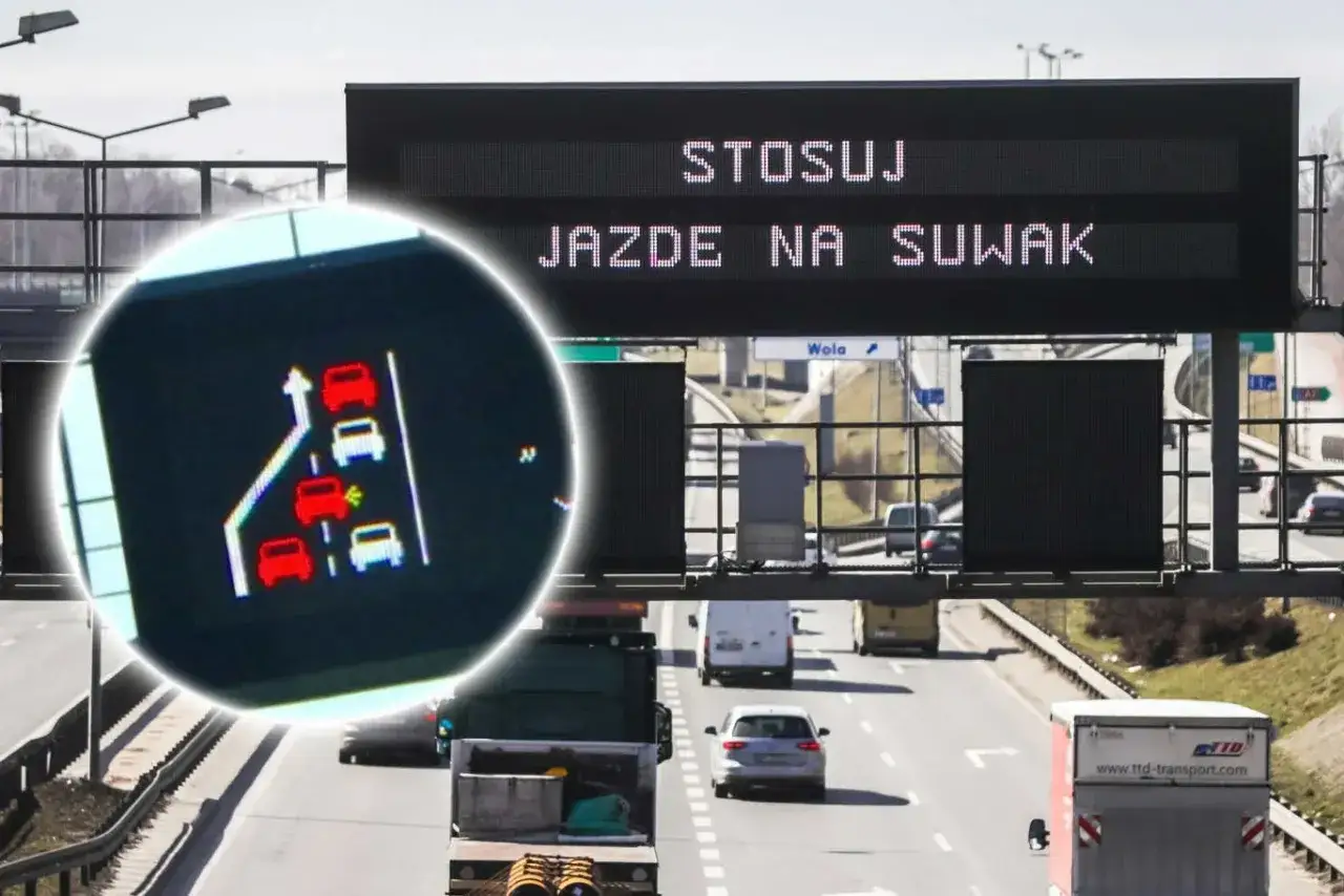 Zastosuj jazda na suwak przepisy. Na ekranie widoczny schemat ruchu samochod&oacute;w, pokazujący prawidłowe włączanie się do ruchu.