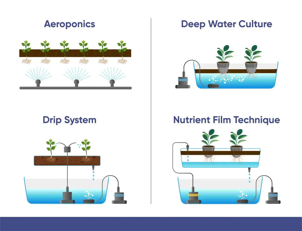 Schéma hydroponie : Aeroponics, Deep Water Culture, Drip System, Nutrient Film Technique. Illustrations de différentes méthodes de culture sans sol.