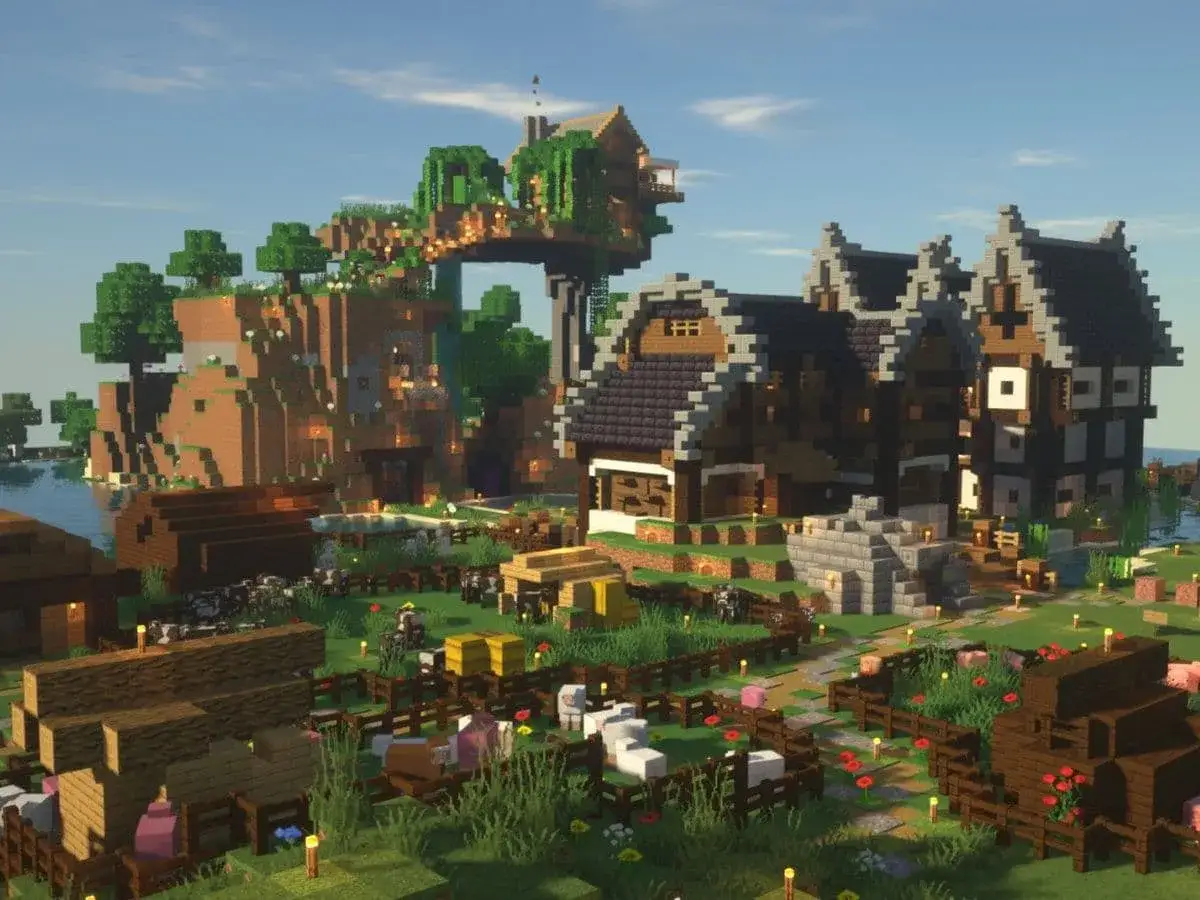 Un pueblo de Minecraft con casas de madera, granjas y animales. Un paisaje idílico, perfecto para explorar en busca de nuevas semillas de Minecraft.