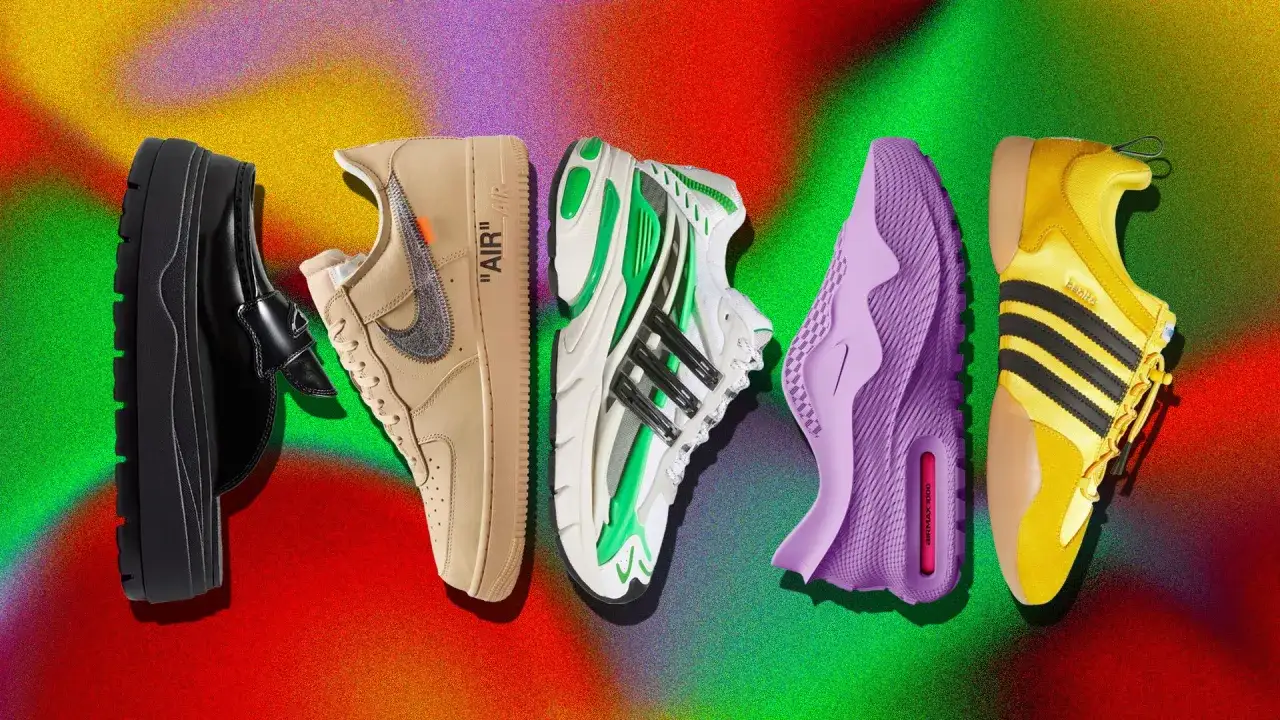 Fünf bunte Sneaker, darunter ein beige Nike Air Force 1 und ein gelber Adidas Samba, erinnern an typische Schuhe der 90er.