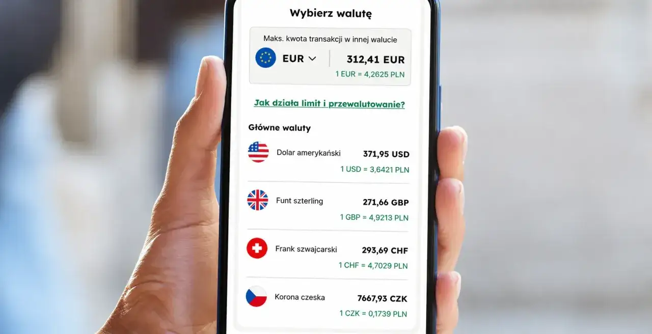 Aplikacja pokazuje kursy walut, ułatwiając płatność kartą za granicą. Widzimy EUR, USD, GBP, CHF i CZK.
