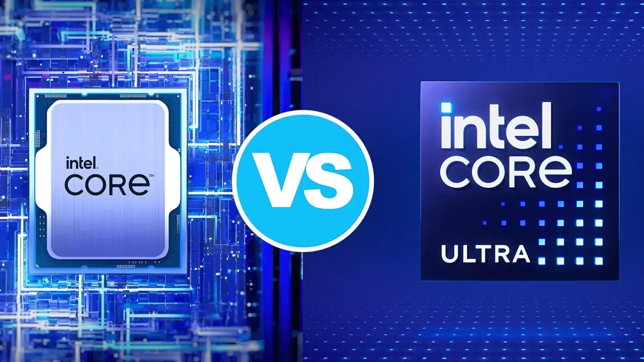 Comparaison visuelle : un processeur Intel Core classique face à un logo Intel Core Ultra. Aide à décider quel Intel Core choisir.