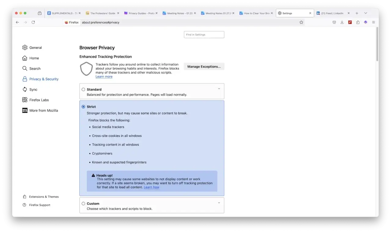 Ustawienia prywatności przeglądarki Firefox: ochrona przed śledzeniem, opcja