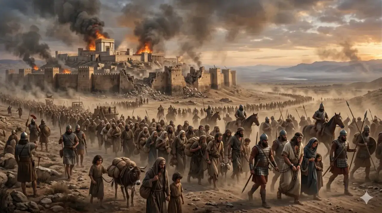 Gefangene ziehen vor brennender Stadt. Die Zerst&ouml;rung Jerusalems, wie in Psalm 137 beschrieben, mit Rauch und Tr&uuml;mmern.