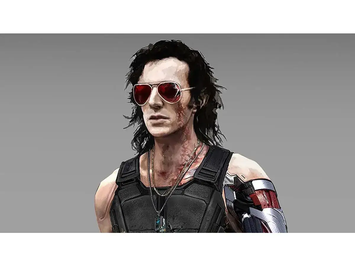 Cyberpunkowy Johnny Silverhand w czerwonych okularach, z metalowym ramieniem i w kamizelce taktycznej. Gdzie jest Johnny?