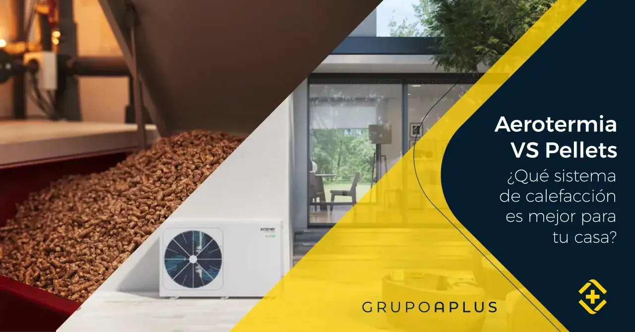 Comparativa de aerotermia vs pellets: una unidad exterior y un depósito de pellets sugieren la elección del mejor sistema de calefacción para tu hogar.