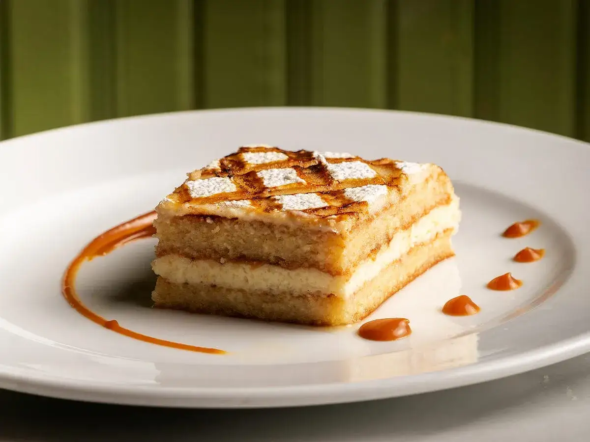 Delicioso ponche segoviano en un plato blanco, decorado con caramelo y espolvoreado con azúcar glas.