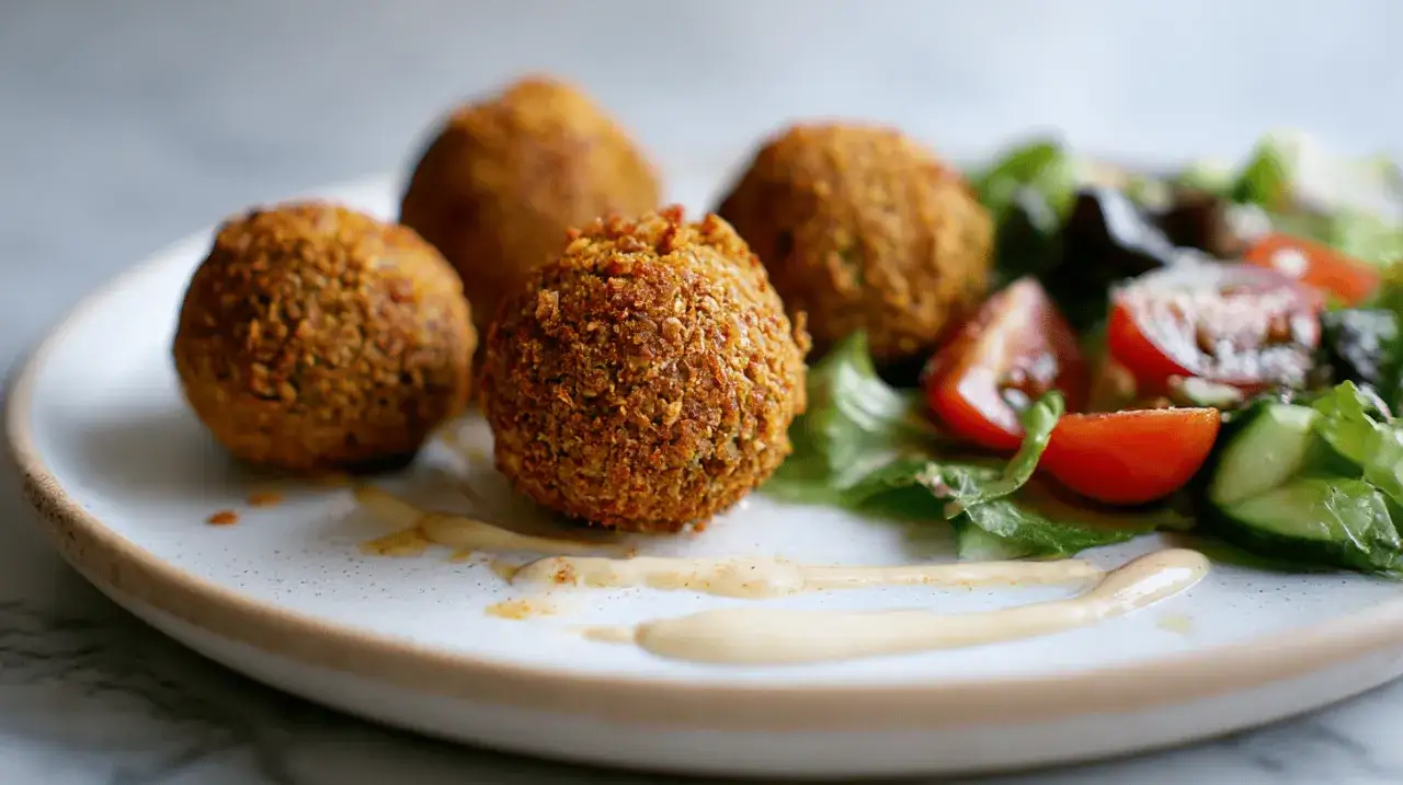 Chrupiące kulki falafela z sałatką i sosem tahini. To jest właśnie falafel – pyszna, wegetariańska przekąska.