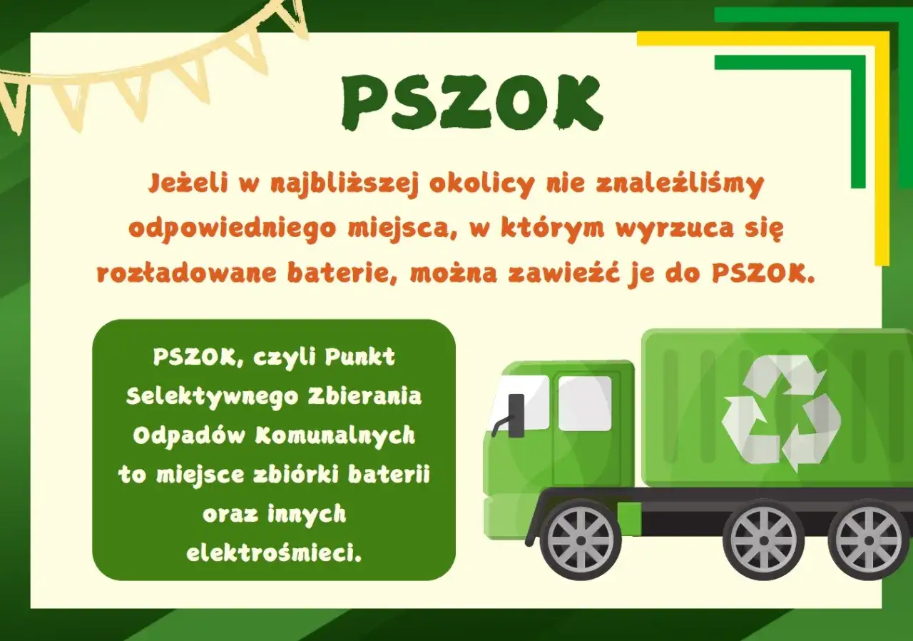 Gdzie wyrzucić baterie? Do PSZOK, czyli Punktu Selektywnego Zbierania Odpadów Komunalnych. Na ilustracji zielona śmieciarka z symbolem recyklingu.