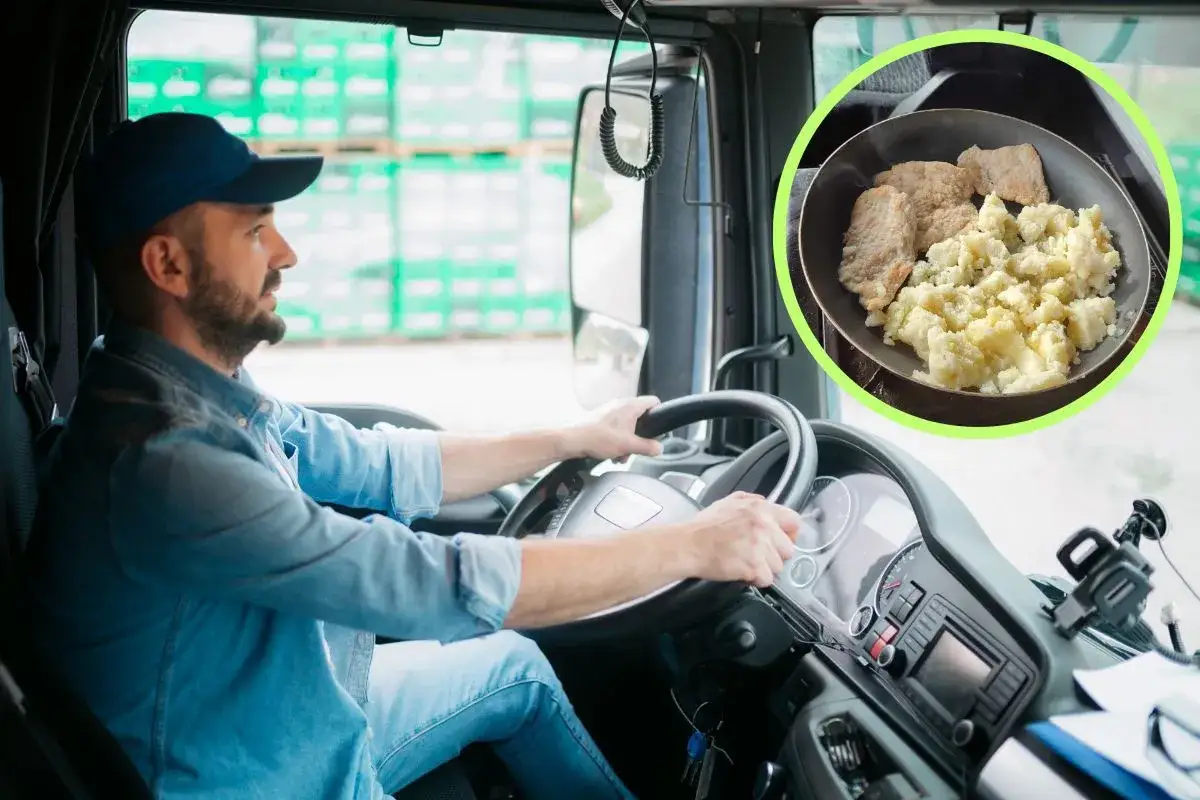 Kierowca ciężarówki w trasie. Pomyśl, co ugotować kierowcy w trasę: kotlety i ziemniaki na patelni.