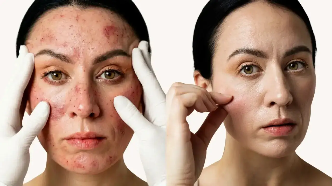 Avant/après : peau acnéique et rougeurs avant traitement, puis peau lisse et nette après utilisation du derma roller.