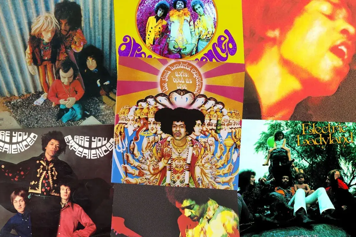 Collage di copertine di album di Jimi Hendrix: