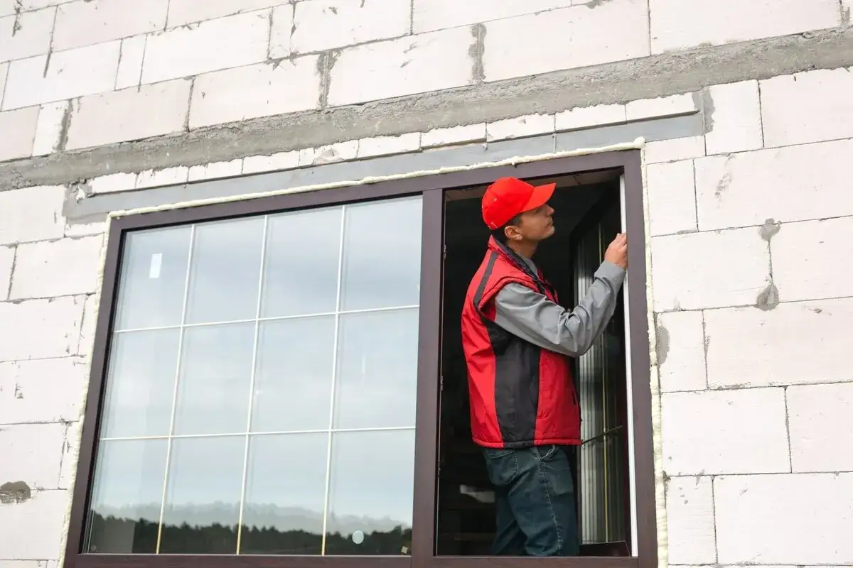 Obrero coloca espuma para aislar marco ventana aluminio en obra.