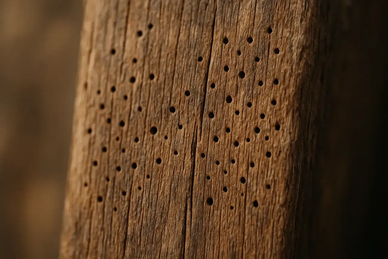 Surface d'un bois marqu&eacute; par des trous de vrillette. Une image qui &eacute;voque la recherche d'un traitement naturel contre ces insectes xylophages.