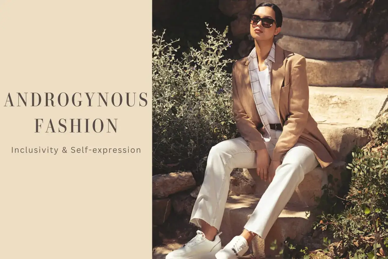 Persona con estilo andrógino, luciendo un blazer camel y pantalones blancos, transmitiendo inclusividad y autoexpresión.